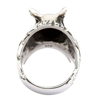 Back view showing inside of sterling silver kitsune ring with 925 hallmark stamp, pointed fox ears, and textured band