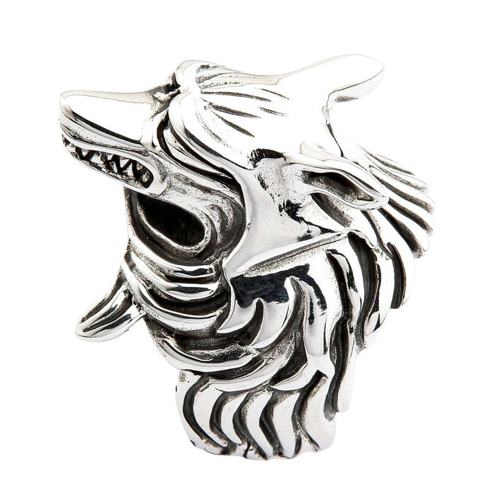 Left side profile of sterling silver kitsune fox ring displaying open snarling jaw, deep-set eye socket, and cascading layered fur mane