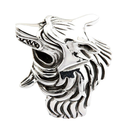 Left side profile of sterling silver kitsune fox ring displaying open snarling jaw, deep-set eye socket, and cascading layered fur mane