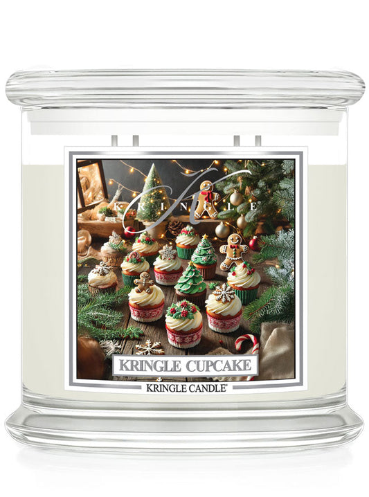 4-wick Kringle Cupcake candle with festive cupcakes and holiday decor on the label.