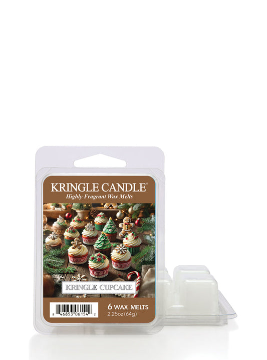 Kringle Candle wax melts package featuring festive cupcake designs, labeled "Kringle Cupcake," 6 melts, 2.25oz.