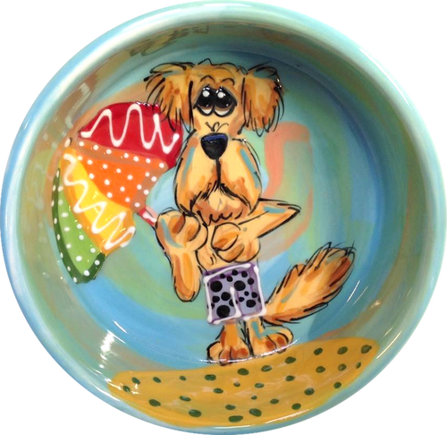 Labradoodle on the beach whimsical painting on ceramic dog bowl / Best  pet bowls 2020 by Debby Carman