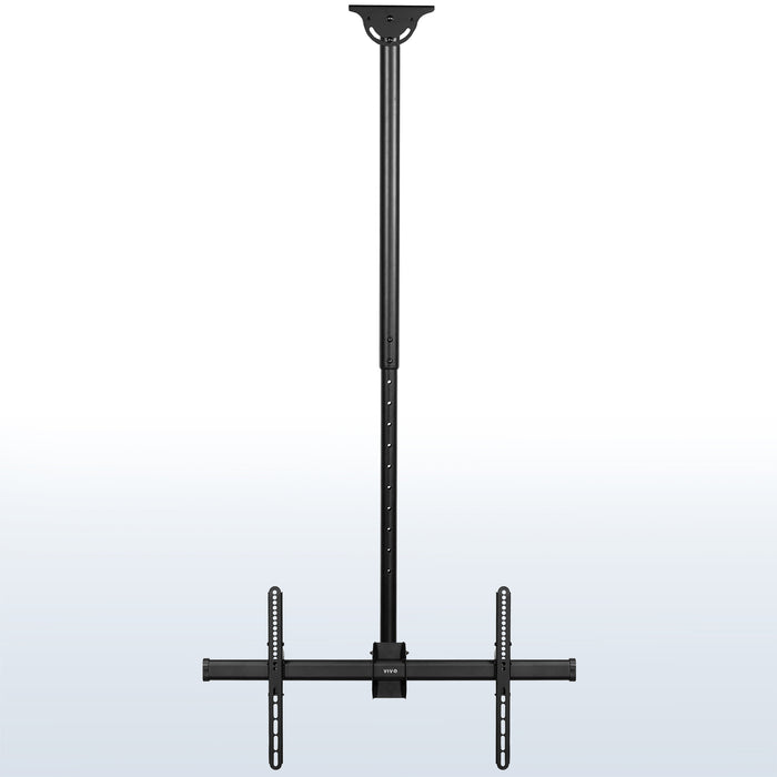 Large heavy-duty TV ceiling mount with height adjustable 5-foot extension pole with swivel and tilt and built-in cable management. Compatible with flat or sloped ceilings and wood, brick, and concrete mounting surfaces.