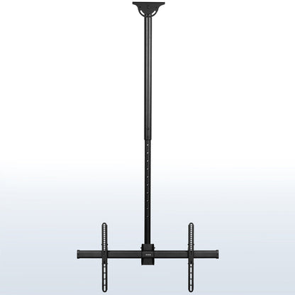 Large heavy-duty TV ceiling mount with height adjustable 5-foot extension pole with swivel and tilt and built-in cable management. Compatible with flat or sloped ceilings and wood, brick, and concrete mounting surfaces.