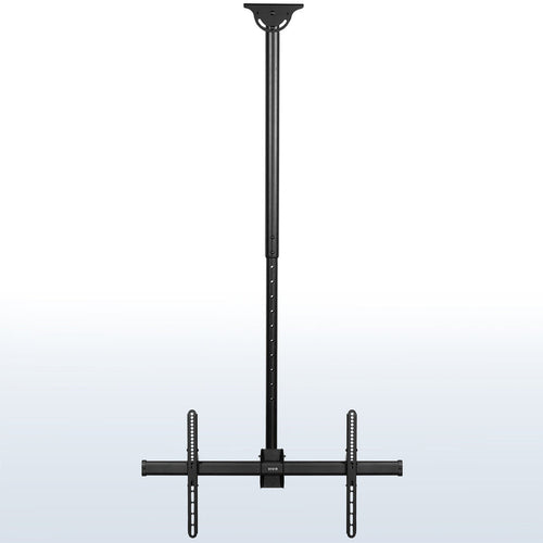 Large heavy-duty TV ceiling mount with height adjustable 5-foot extension pole with swivel and tilt and built-in cable management. Compatible with flat or sloped ceilings and wood, brick, and concrete mounting surfaces.