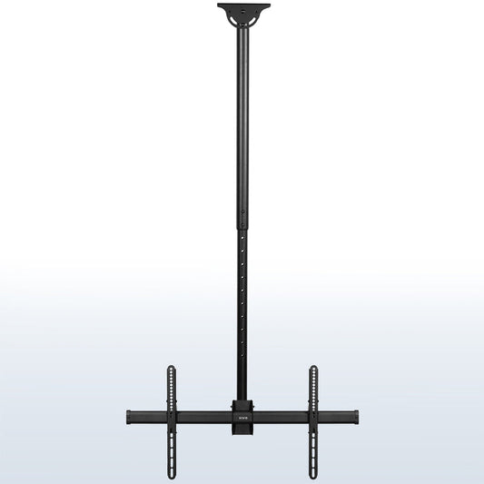 Large heavy-duty TV ceiling mount with height adjustable 5-foot extension pole with swivel and tilt and built-in cable management. Compatible with flat or sloped ceilings and wood, brick, and concrete mounting surfaces.