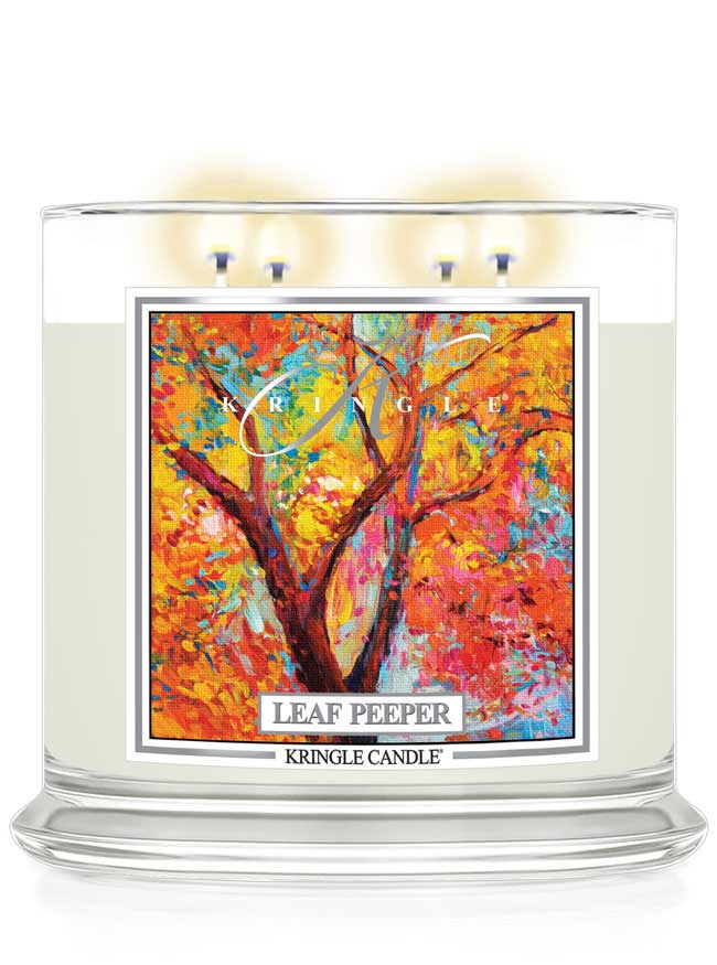 Kringle Candle 'Leaf Peeper' 4-wick candle with colorful label on a white background.