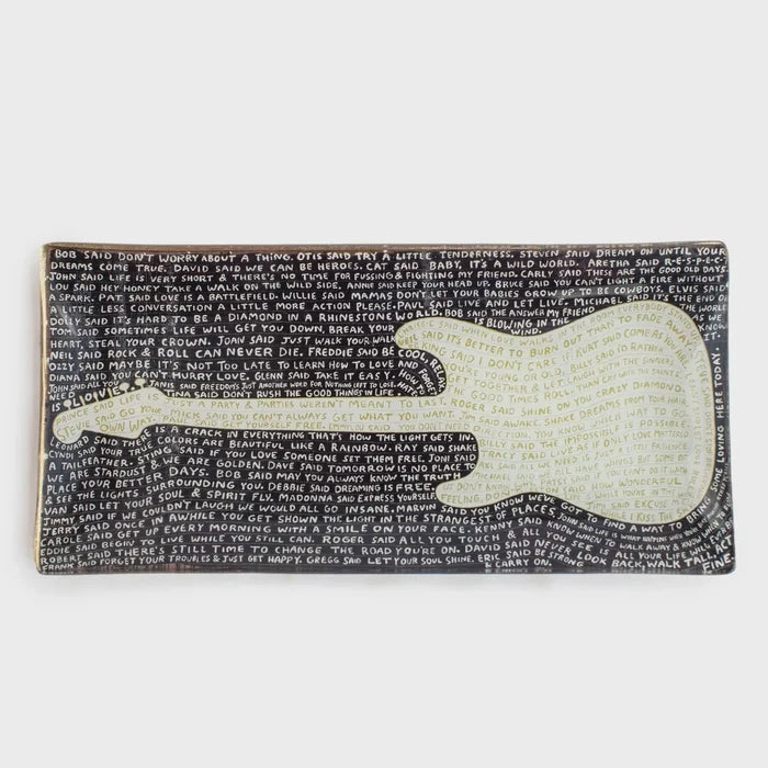 Rectangular black and white decorative platter with guitar design for Legends Small Rectangle decoupage plate