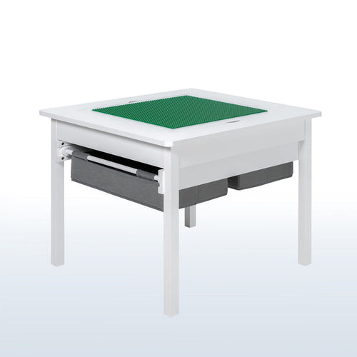 Kids' play table for Lego building bricks with reversible building base top and two pull-out drawers.