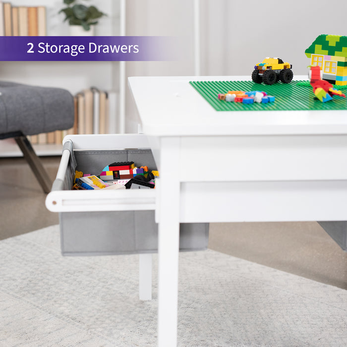 Kids' play table for Lego building bricks with reversible building base top and two pull-out drawers.