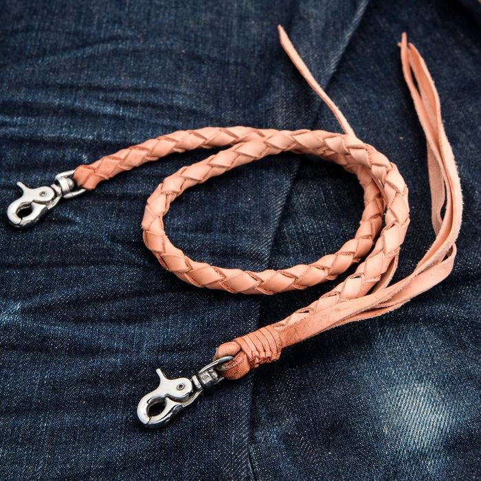 Braided genuine leather wallet chain showing both stainless steel lobster clasps and decorative leather tassel ends