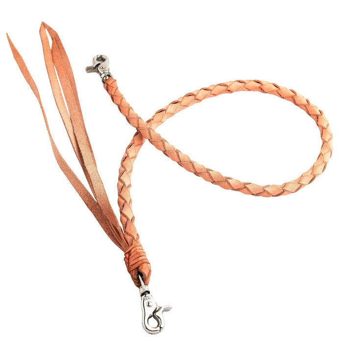 Full length view of 23.5 inch light tan vegetable-tanned cowhide braided wallet chain with silver hardware on white background