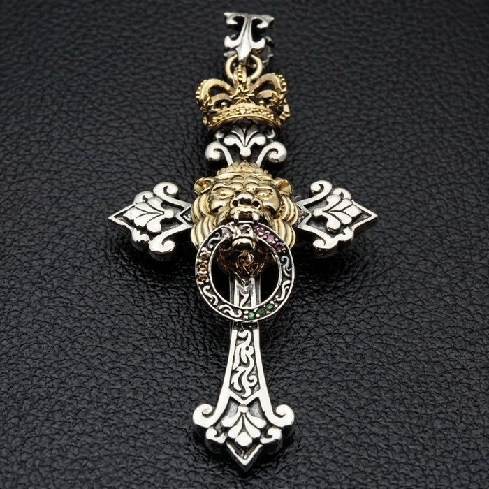 Lion of Judah cross pendant in sterling silver with gold-plated lion head and royal crown front view