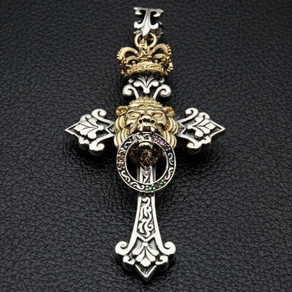 Lion of Judah cross pendant in sterling silver with gold-plated lion head and royal crown front view