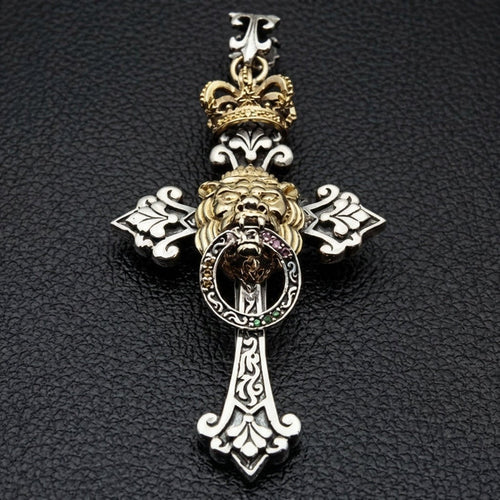 Lion of Judah cross pendant in sterling silver with gold-plated lion head and royal crown front view