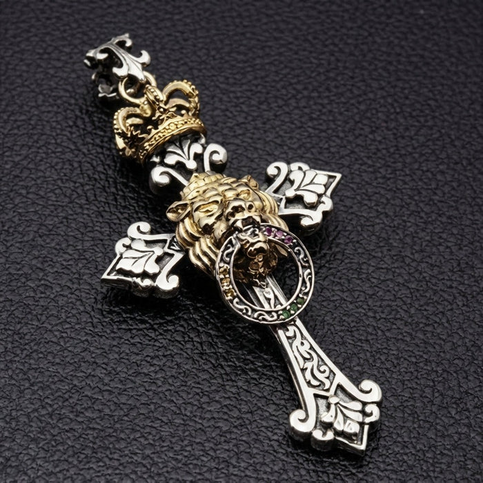Rastafari lion cross necklace showing detailed two-tone sterling silver and 14k gold craftsmanship