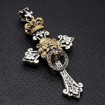 Rastafari lion cross necklace showing detailed two-tone sterling silver and 14k gold craftsmanship