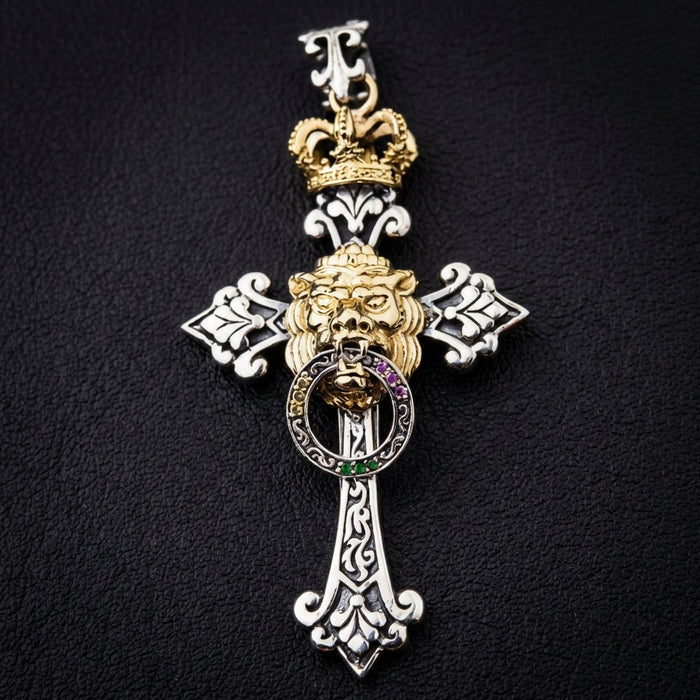 Detailed view of Haile Selassie inspired lion cross pendant with ornate gold-plated royal crown