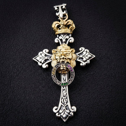 Detailed view of Haile Selassie inspired lion cross pendant with ornate gold-plated royal crown