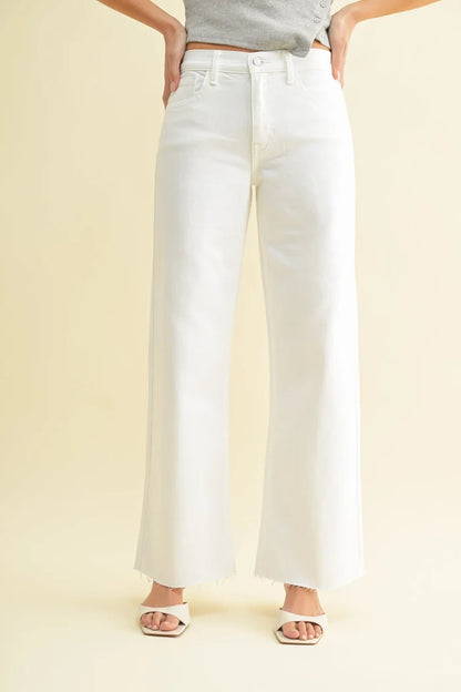 White high waist long wide leg denim for women, stylish length wide leg denim