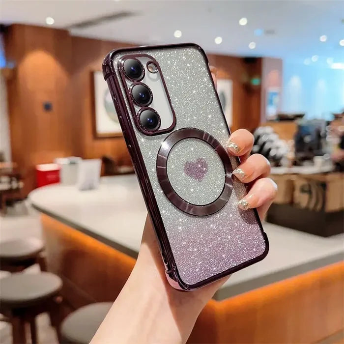 a person holding a phone case with a glitter effect