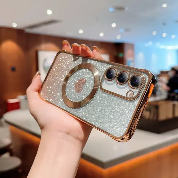 a woman holding up a phone case with a camera lens