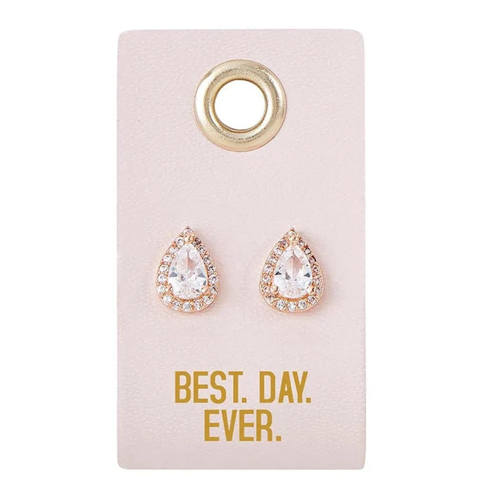 Teardrop earrings on display card from LOVE WEDDING collection for the best day