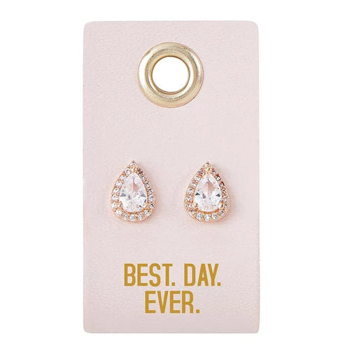 Teardrop earrings on display card from LOVE WEDDING collection for the best day
