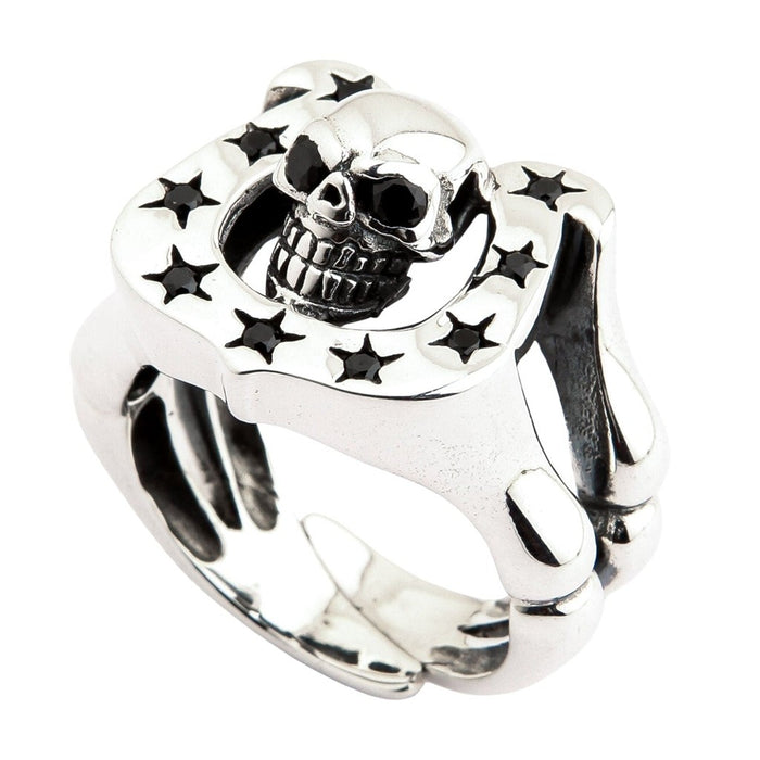 925 sterling silver skull ring with horseshoe design angled view displaying black CZ star details and band