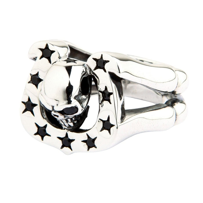Side profile of handcrafted skull horseshoe ring showing split shank band design and black CZ stone settings