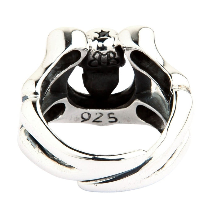 Inside band of skull horseshoe ring showing authentic 925 sterling silver hallmark stamp for quality verification