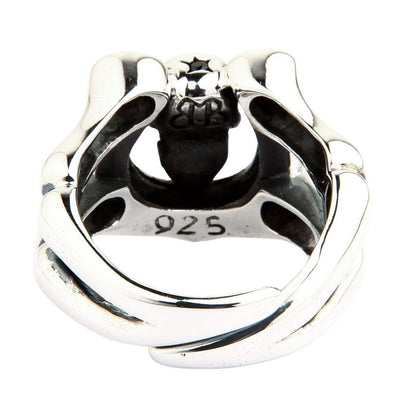 Inside band of skull horseshoe ring showing authentic 925 sterling silver hallmark stamp for quality verification