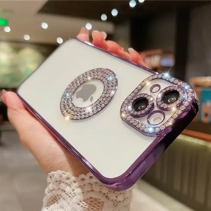 a woman holding a cell phone case with two rings