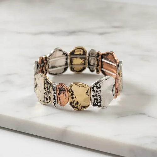 Luxury tri-tone textured pebble link bracelet with hammered silver gold and rose gold irregular metal segments