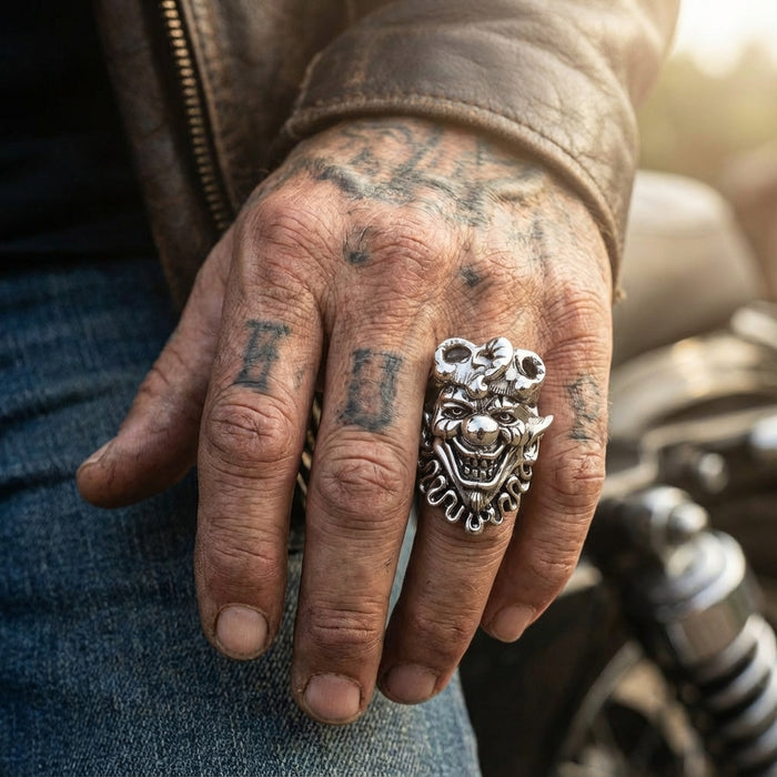 Silver joker skull ring with menacing face design worn on tattooed hand of biker wearing leather jacket showcasing edgy gothic style jewelry