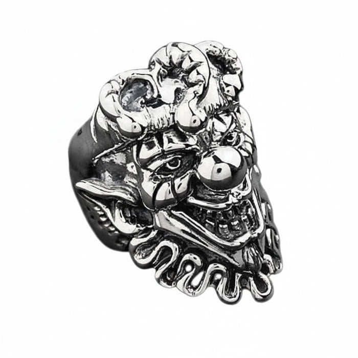 An 'agent of chaos' ring for men, featuring a detailed evil clown face in solid sterling silver.