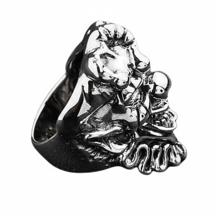 A piece of gothic biker jewelry, this ring features the face of an evil clown with a manic grin.
