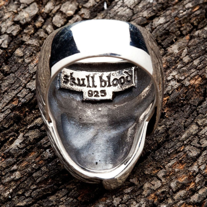 The inside view of the Two Face ring, showing the 'Skull Blood' and .925 sterling silver hallmarks.