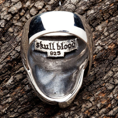The inside view of the Two Face ring, showing the 'Skull Blood' and .925 sterling silver hallmarks.