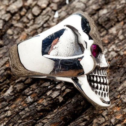 A side profile view of the Memento Mori ring, showing the polished sterling silver band.