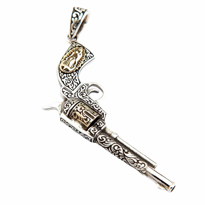 A biker pendant shaped like a vintage revolver gun, a classic piece of outlaw jewelry.