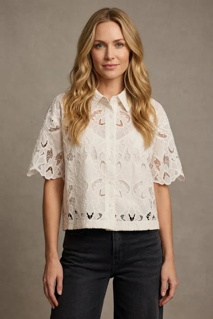 Ivory lace midnight embroidered short sleeve blouse with flutter sleeves and intricate floral button-down front