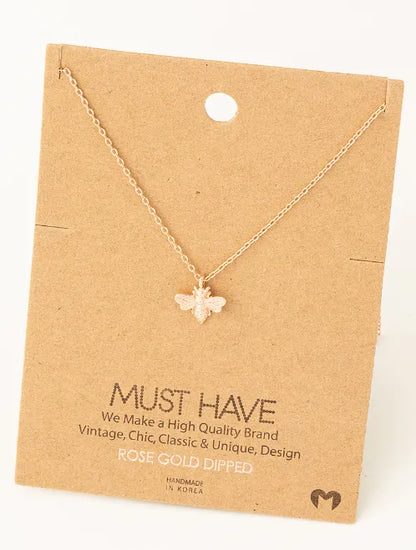 Mini bee gold pendant dainty necklace with rose gold dipped bee on fine chain