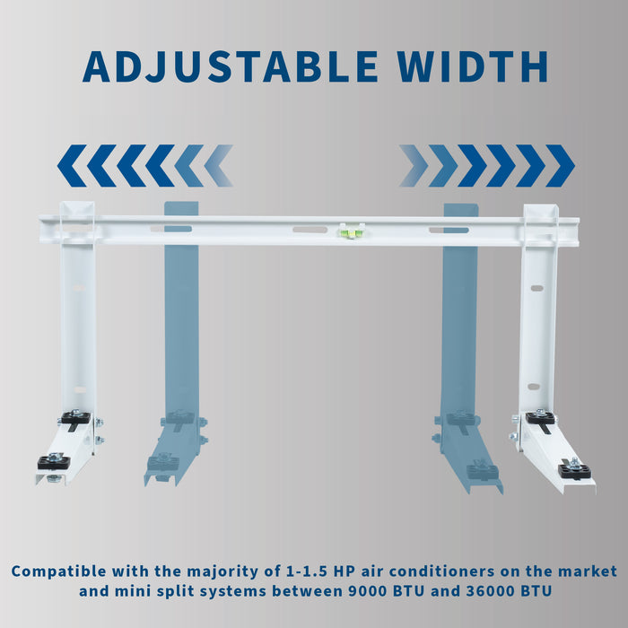 Mini split air conditioner wall mount with adjustable width and anti-vibration padding.