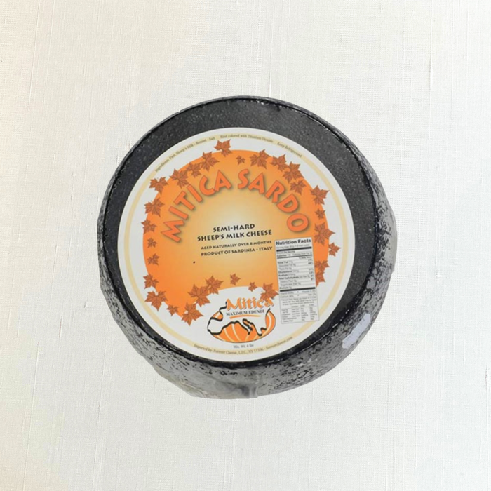 Mitica Sardo sheep's milk cheese wheel from Sardinia, aged 8 months.