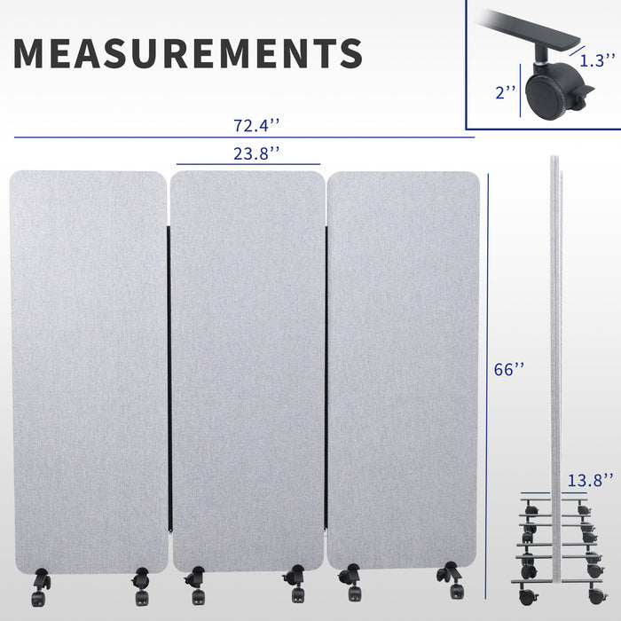 Measurement chart for a gray office partition with wheels, showing dimensions and wheel sizes.