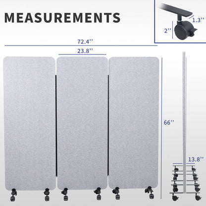 Measurement chart for a gray office partition with wheels, showing dimensions and wheel sizes.
