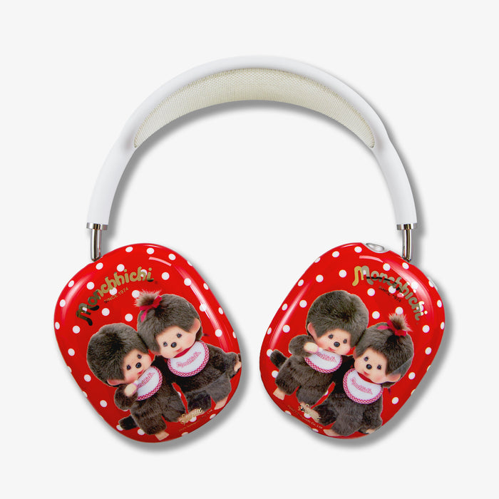 Top view of AirPods Max covers showcasing red polka-dot Monchhichi ear cups and white padded headband on a white background