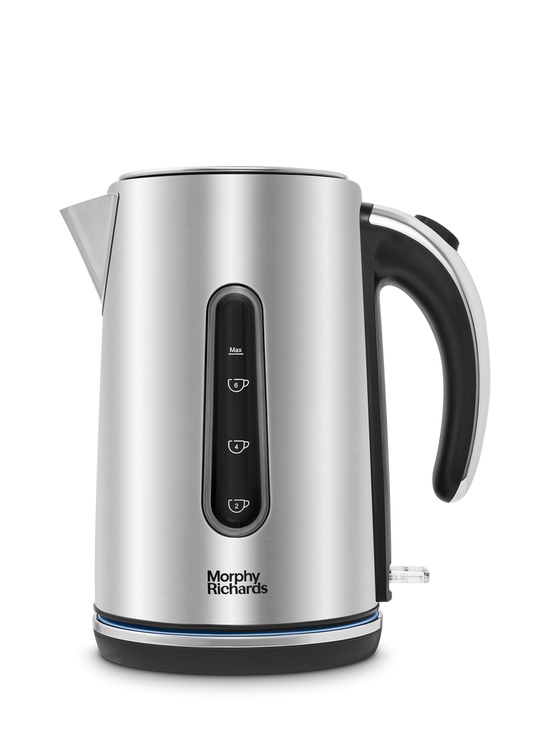 A brushed steel Morphy Richards Motive Jug Kettle with chromed details and a black handle.
