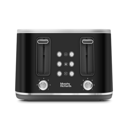 A black 4-slice toaster with chrome-plated trim and several control settings visible on the front panel.
